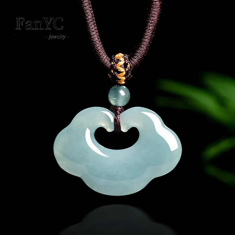 

Genuine Natural A-Grade Jadeite Blue Water Auspicious RuYi Pendant Fashionable Ice-Type Jade Necklace for Men and Women