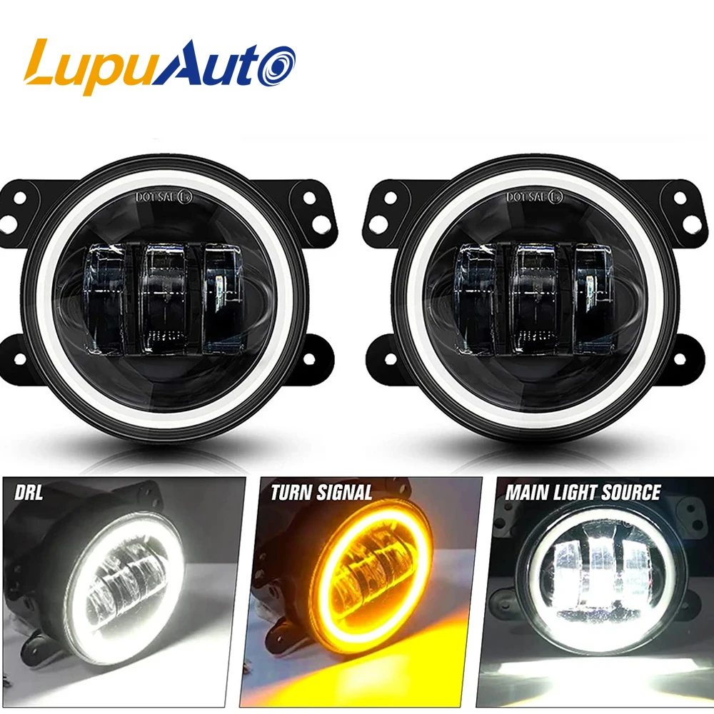 4 Inch Round LED Fog Lights With White Halo Ring DRL Amber Turn Signal Lamp For Jeep Wrangler JK TJ LJ Dodge Chrysler 60W