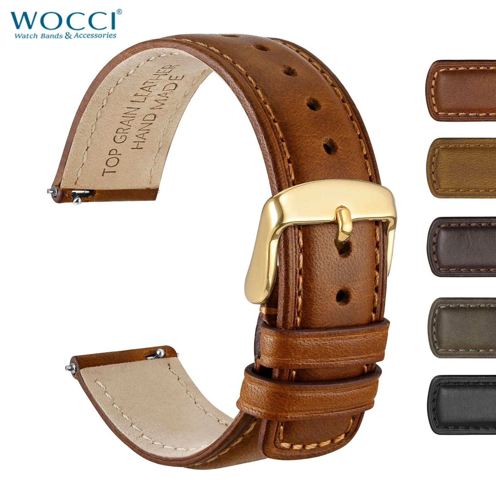 WOCCI Bracelet de montre à dégagement rapide, cuir véritable de cire d'huile vieilli, boucle en acier inoxydable, largeur du bracelet 18 mm 20 mm 22 mm
