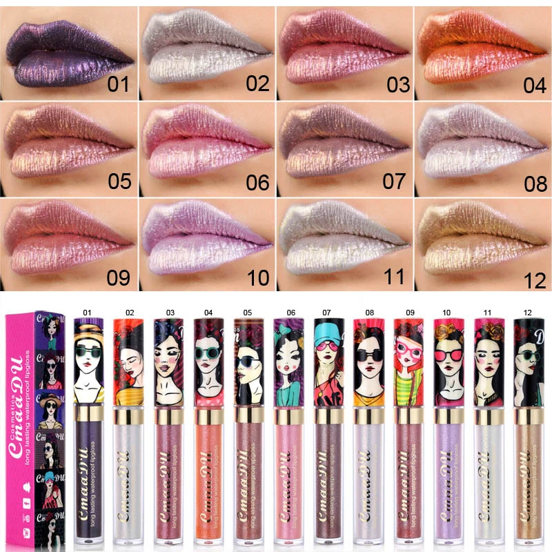 Cmaadu shimmer lip gloss beauty girl diamond glitter lip tint waterproof long lasting 12 color gold flash liquid lipstick makeup