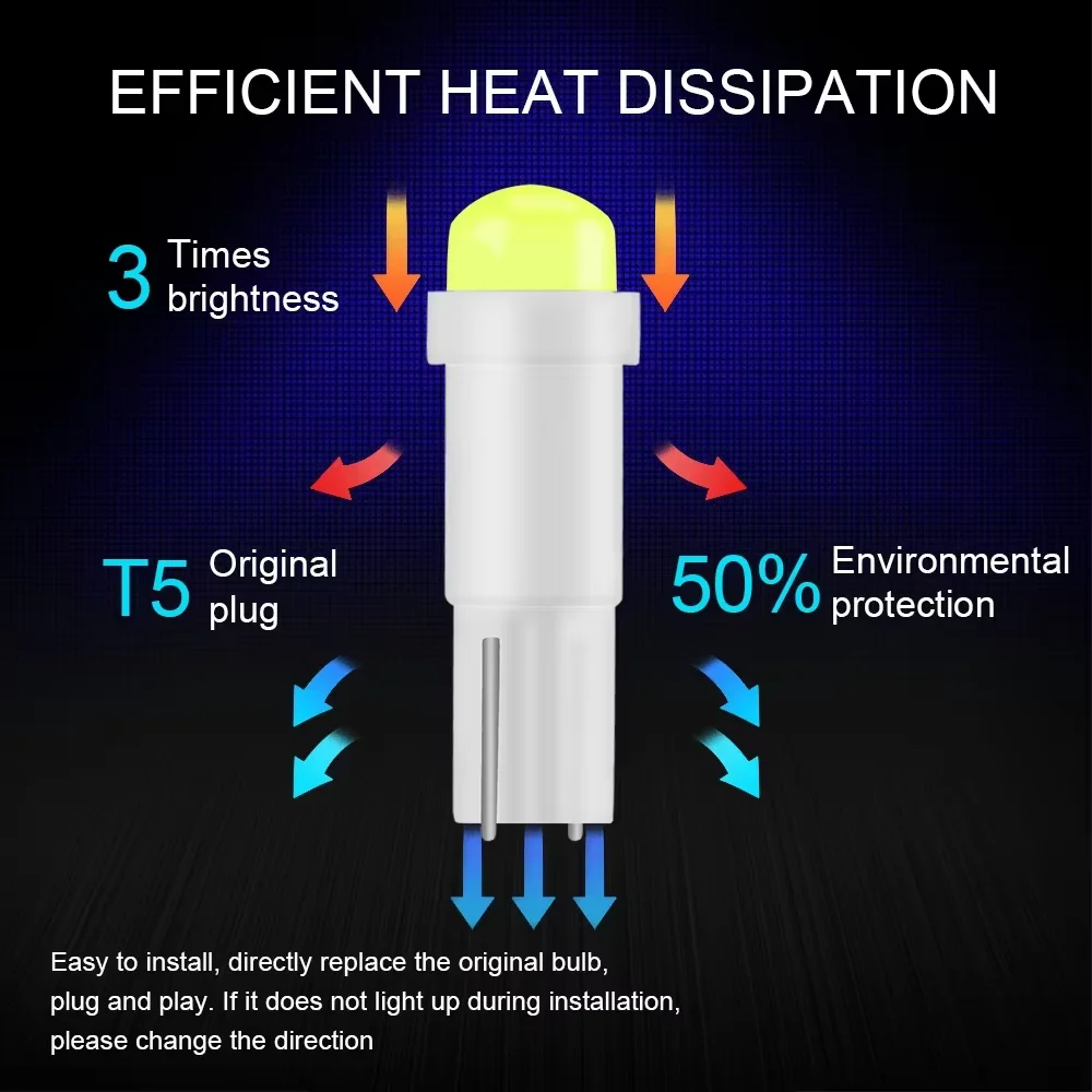 10pcs T5 LED Lights T5 COB W1.2W W3W LED Car Interior Light Auto Side Wedge Dashboard Gauge Instrument Lamp Bulb 12V white green image 3