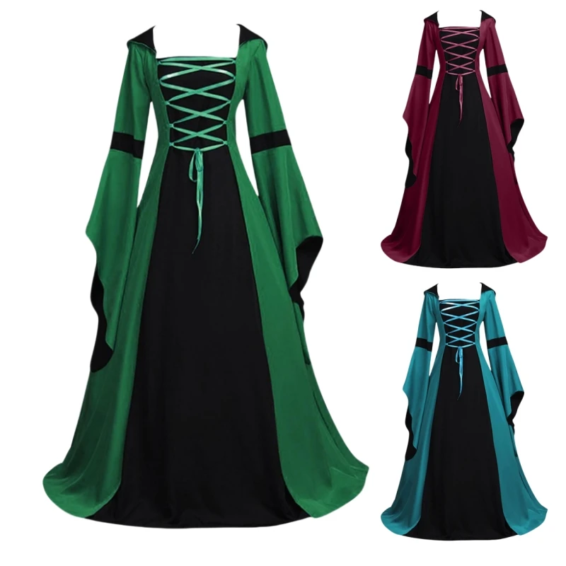 Medieval Retro Hooded Dress Square Neck Tie Trumpet Sleeves Big Swing Dress Women\'s Halloween Cosplay Vintage Long Sleeve Dress