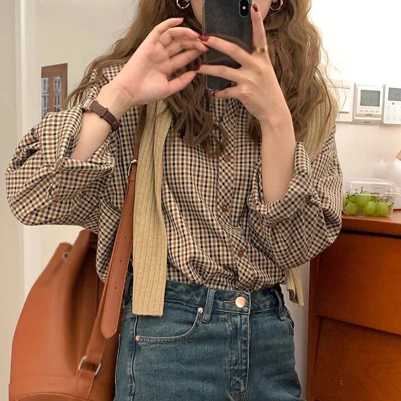 Retro Plaid Long-Sleeved Shirt For Women Coffee Plaid Loose Spring And Autumn Fashion Shirt Basic Tee Elegant Korean Version