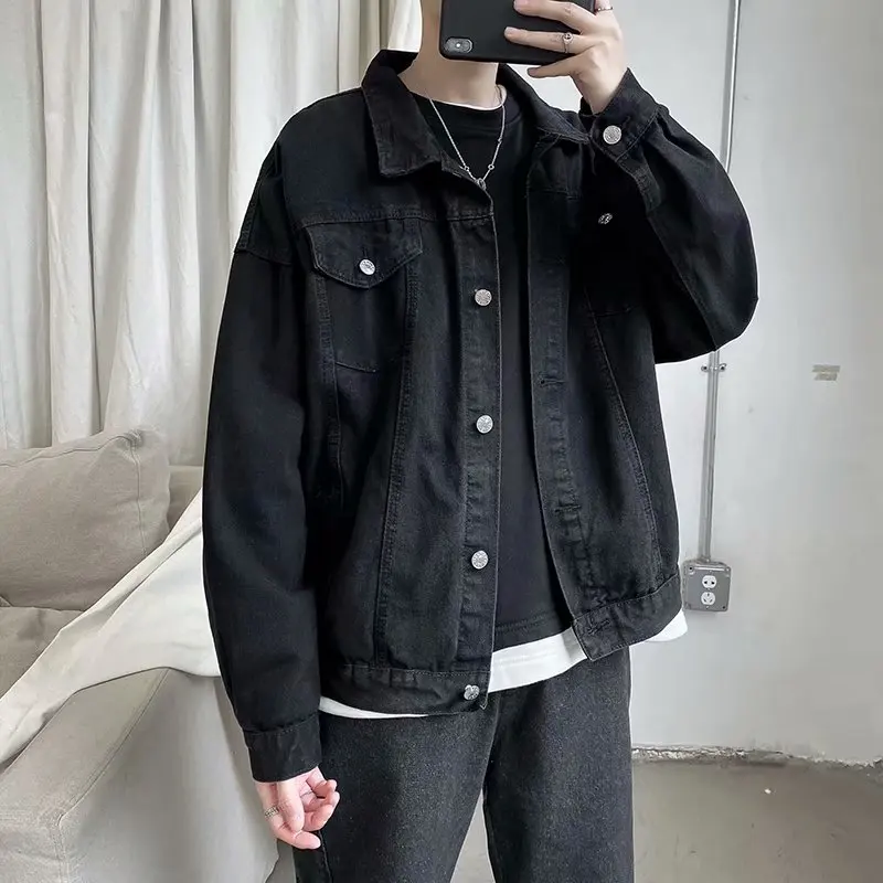 Black Denim Short Jacket Men Turn Down Collar Bomber Jacket Jeans Coats Casual Pockets Overalls Streetwear Man Clothing Outwear