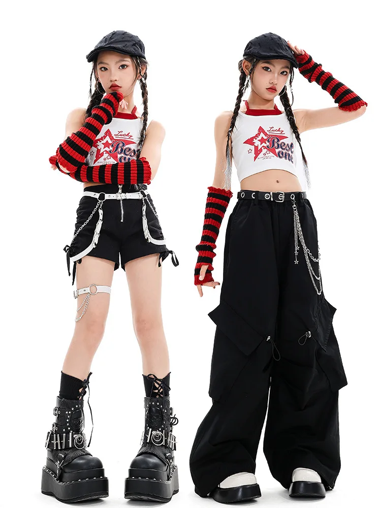 Girls Street Dance Clothes Fashion Short Sleeve Tops Baggy Pants Cheerleading Dance Performance Costume Kids Group Hip Hop Suit