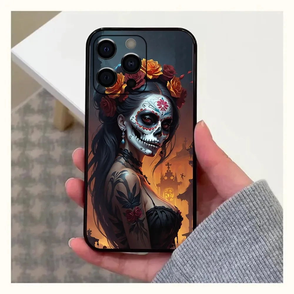 Mexican Catrina Skull Girl Phone Case For Apple iPhone 15,14,13,12,11,Pro,X,XS,Max,XR,Plus,Mini Soft Black Cover