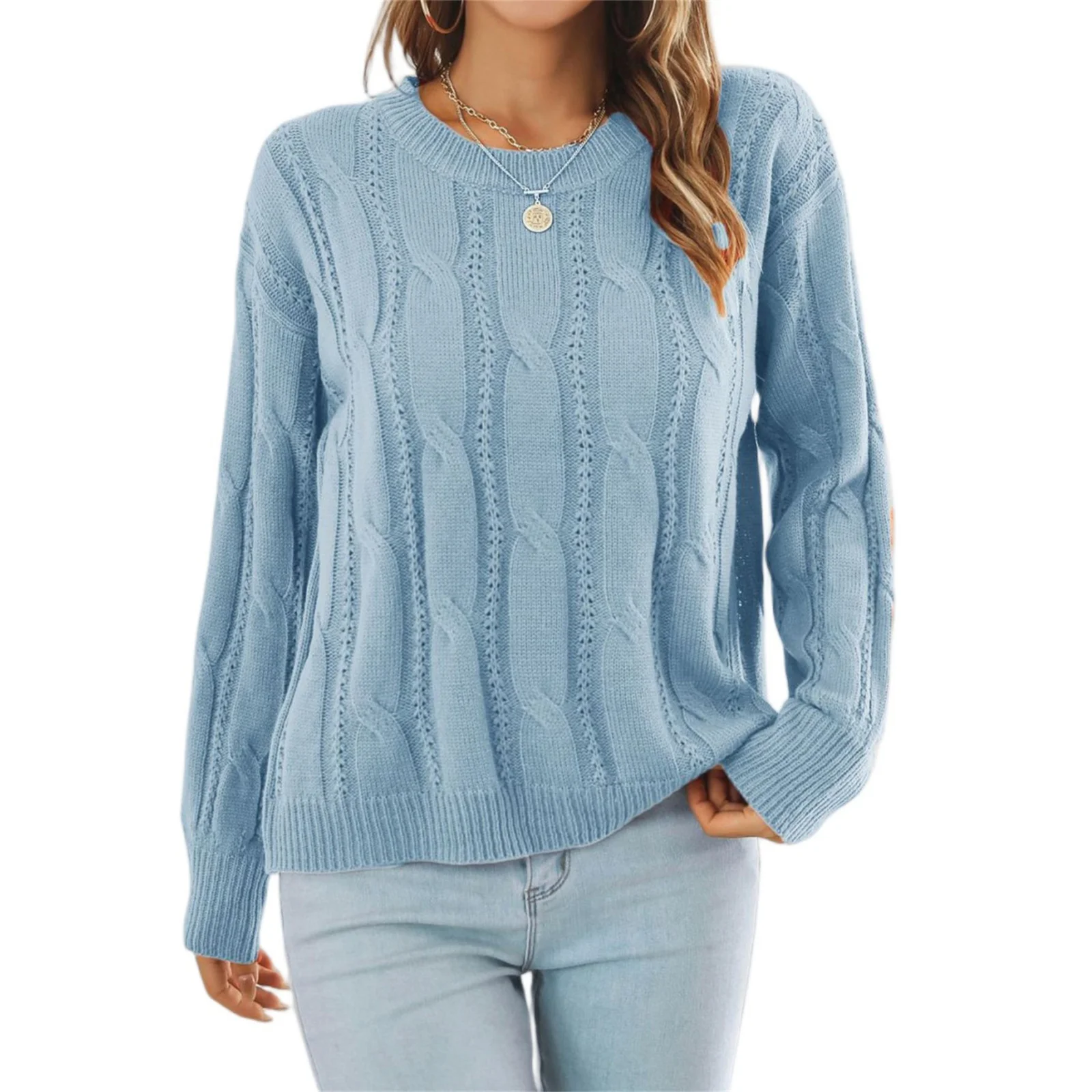 Women Cable Knit Sweater Loose Fit Solid Color Pullover Long Sleeve Casual Boho Style Soft Comfortable Autumn Winter Essential