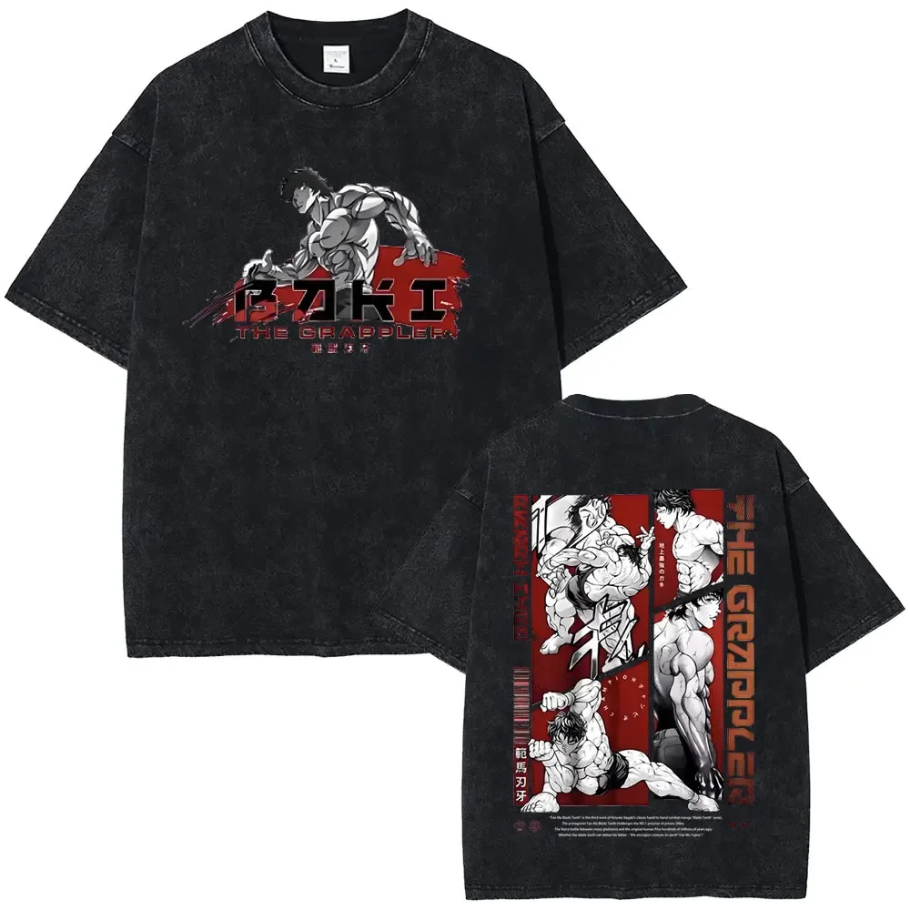 

Limited Anime Baki The Grappler Washed Vintage T-shirt Manga Hanma Yujiro T Shirts Men Women Fashion Casual Oversized T-shirts