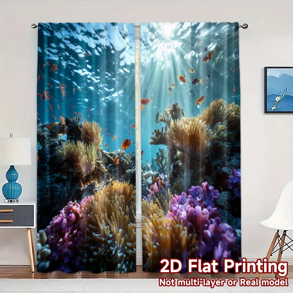 2pcs, 2D FLAT PRINTING Curtains (Without Rod) Coral Symphony Popular Window Curtain Durable Polyester Curtains Gifts for Bedroom