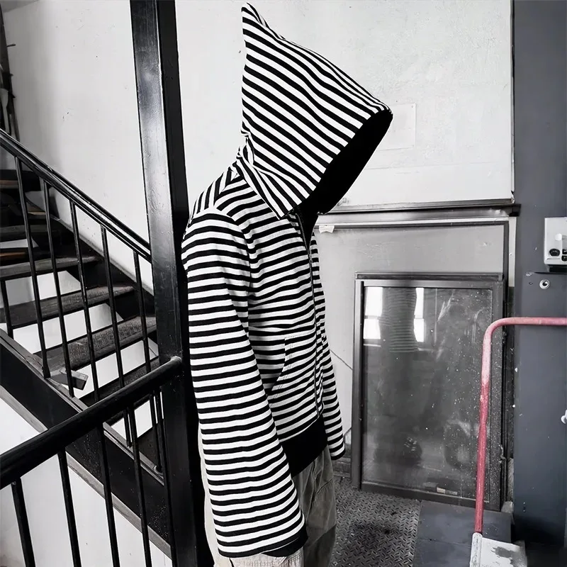 Sombrero de bruja Y2K de viento oscuro diseño de doble cara con cremallera a rayas diseño con capucha nicho calle 2025 otoño e invierno nuevo estilo