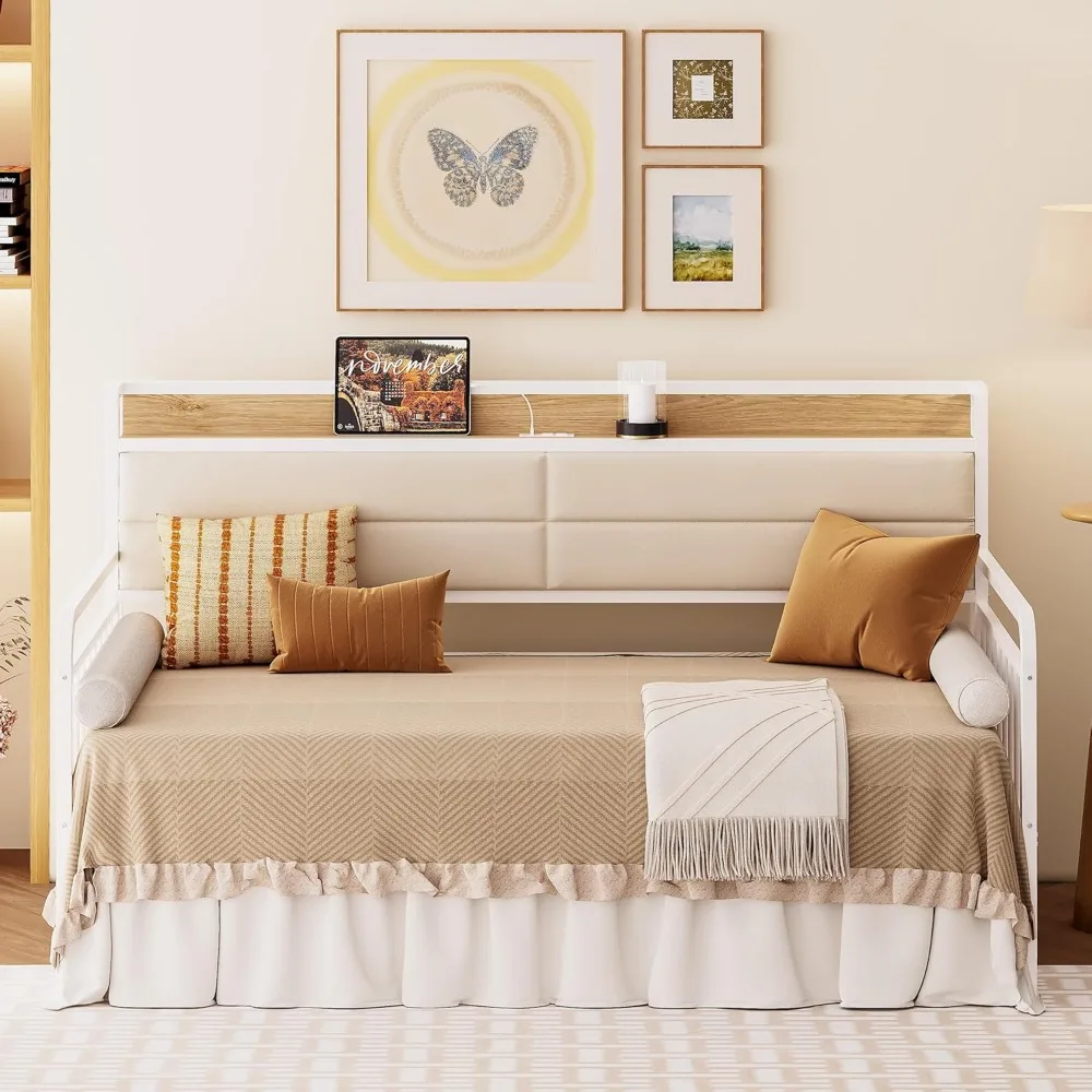 Tempat Tidur Daybed dengan Trundle, Rangka Tempat Tidur Twin XL dari Logam Kokoh dengan Sandaran Kepala Berlapis dan Stasiun Pengisian Daya untuk Ruang Tamu
