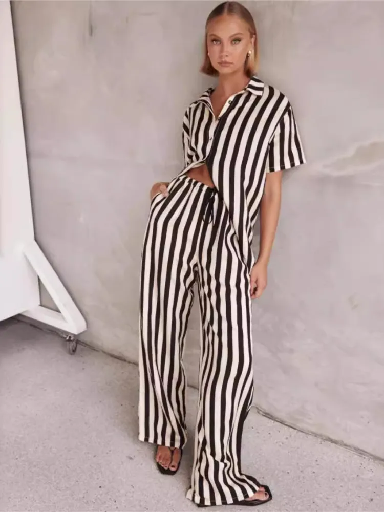 Fashion Casual Stripe Print Pants Sets Women Single-breasted Short Sleeves Shirt Leace-up Wide Leg Trousers Two Piece Set Female