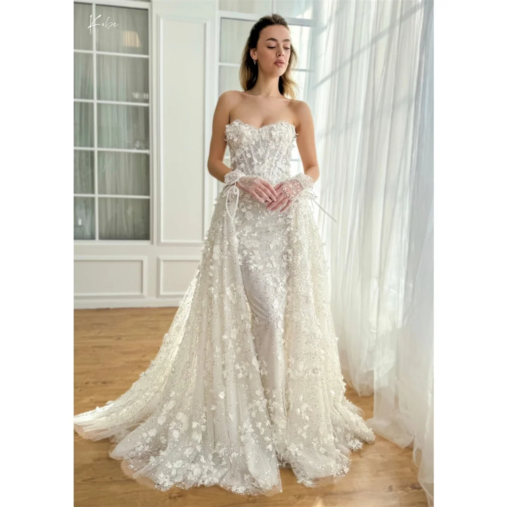 Kobe Customized Appliques Tiered Ruffle Floor-Length Wedding Dresses Strapless vestidos de noche Sleeveless Formal Evening