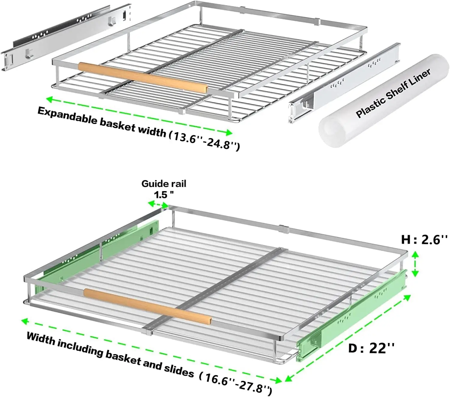 Expandable Sliding Basket, Pull-Out Cabinet Organizer, Heavy Duty Slide Out Pantry Shelves Sliding Drawer Storage For Kitchen,