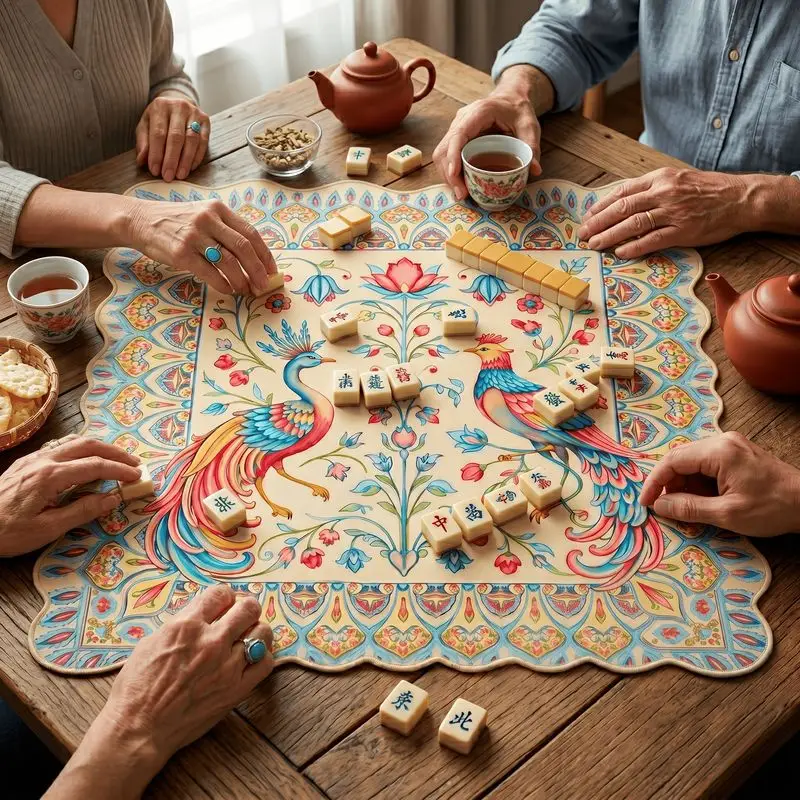 VIKAMA Retro Exotic Double Peacock Mahjong Mat, Non-Slip, Noise-Reducing Square Table Mat, Mahjong Table Game Home Decor