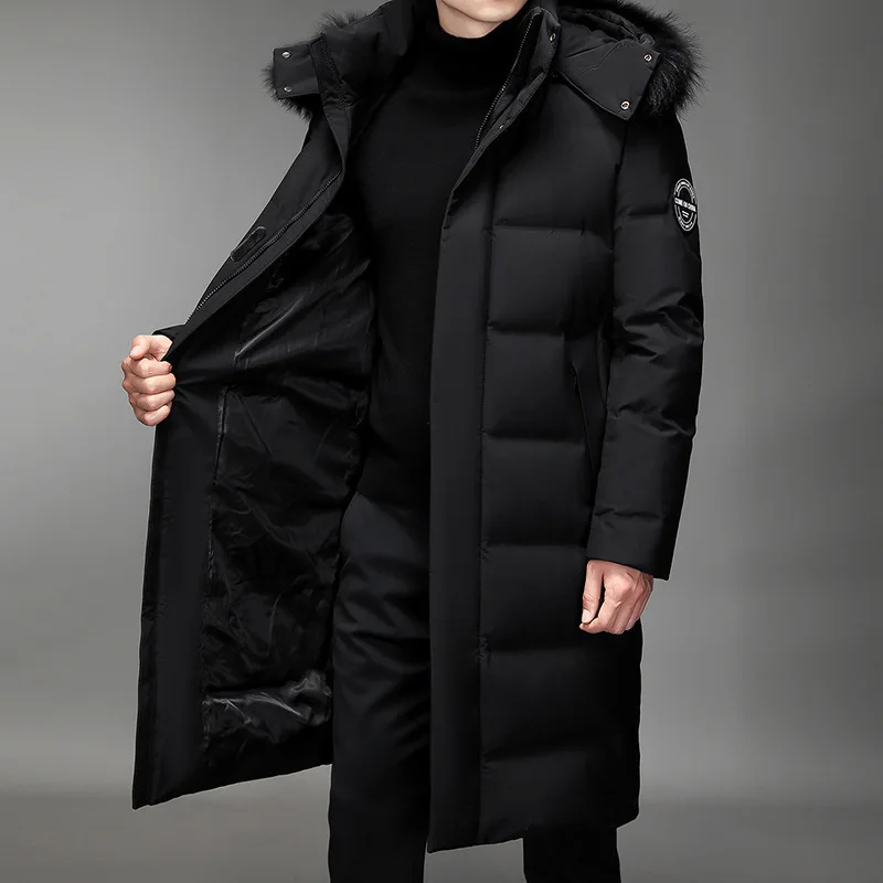 Down Jacket Men Removable Hat Long White Duck Down Hooded Fur Collar Windbreak Winter Thicken Warm Coat With Male Jacket Coat