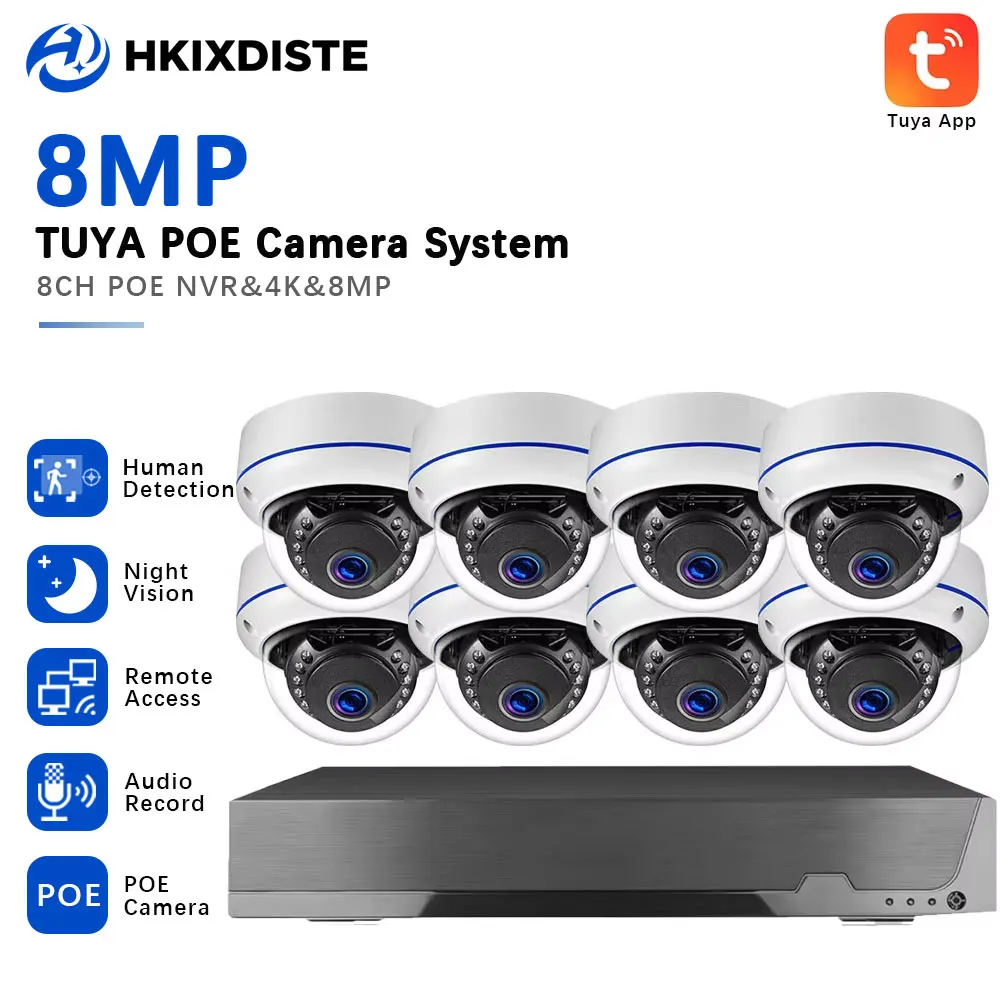 Tuya 8MP 4K 8CH PoE Security Camera System Dome Cameras NVR Kit AI Human Detect Audio Record IR Night Vision CCTV Surveillance