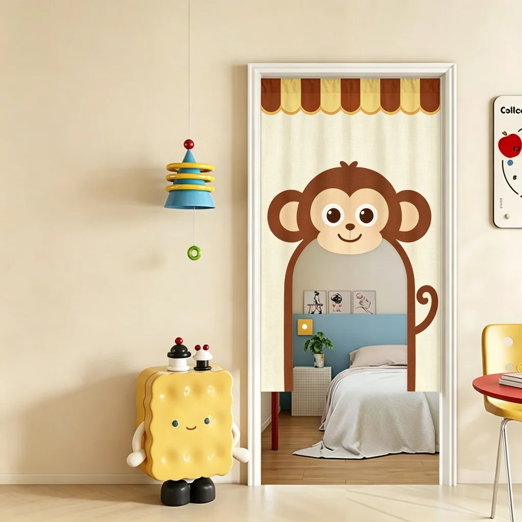 VIKAMA Monkey Arched Half Door Curtain Kids Room Bedroom Nursery Cotton Linen Short Curtain Privacy Partition Decor Nursery