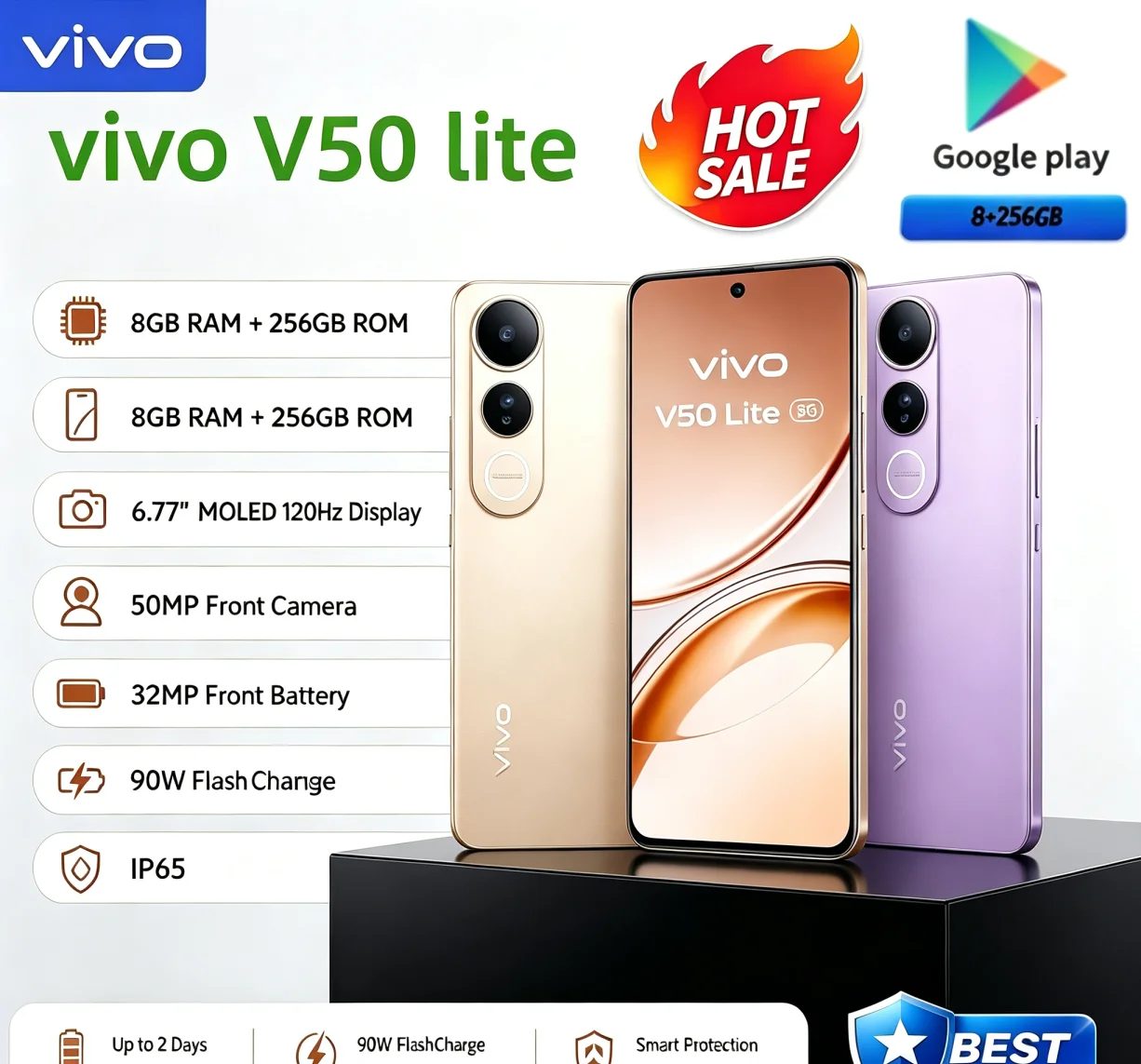 New Arrival 2026 Original VIVO V50 Lite Android Mobile Phone 8+256GB Memory 6.58'' Borderless Full‑View Display Dual 64MP