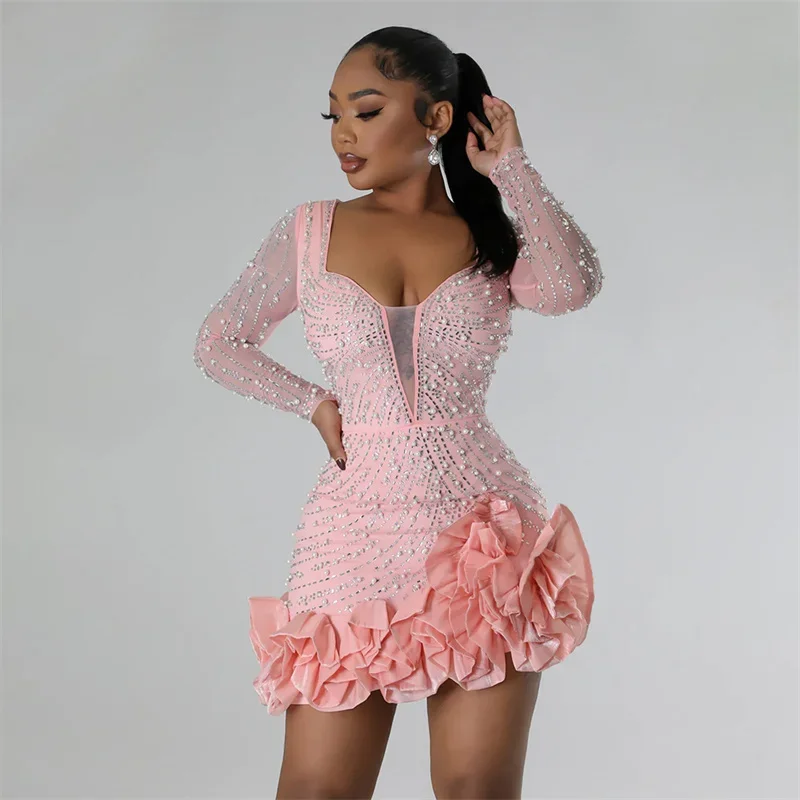 

2024 New Women Mesh Sleeve Bodycon Sexy Diamonds Birthday Party Dress Tiered Ruffles Rhinestone Pearls Night Club Dress Pink