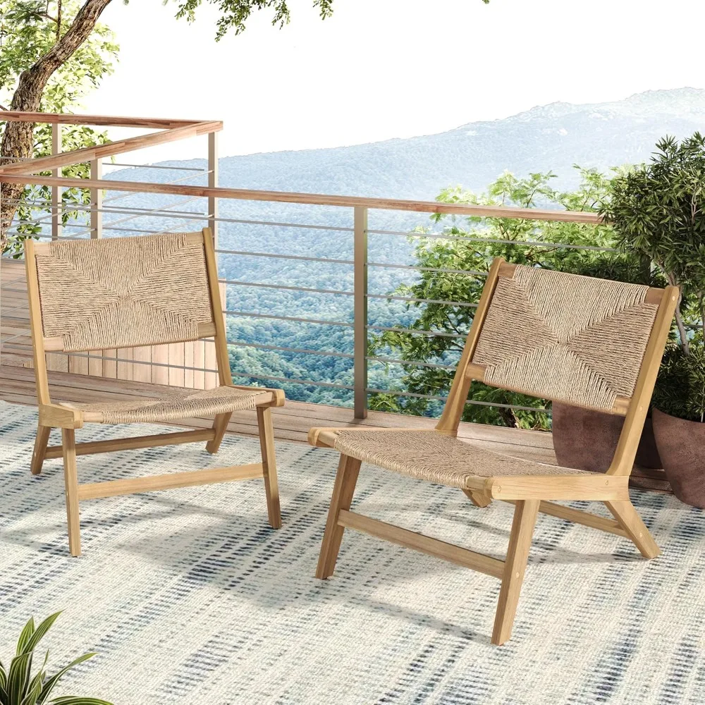 

"Acacia Wood Outdoor Lounge Chairs, Pair of Weatherproof Natural PE Wicker Armless Patio Chairs, Easy Assembly"