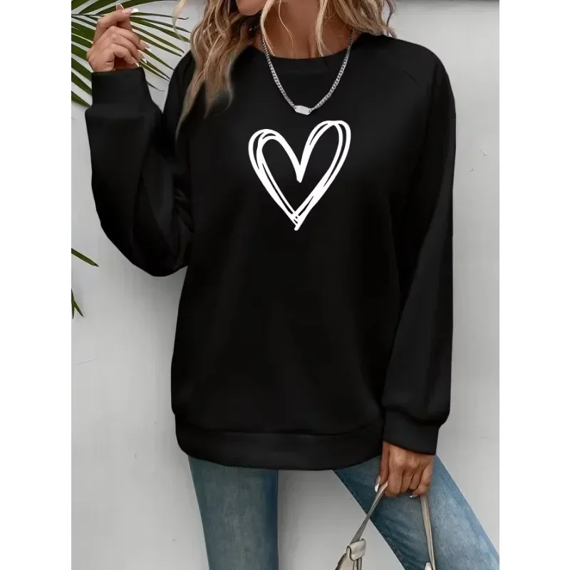 Jersey informal con estampado de corazón y cuello redondo para mujer, sudadera suave de manga larga para primavera y otoño, jersey de calle que combina con todo