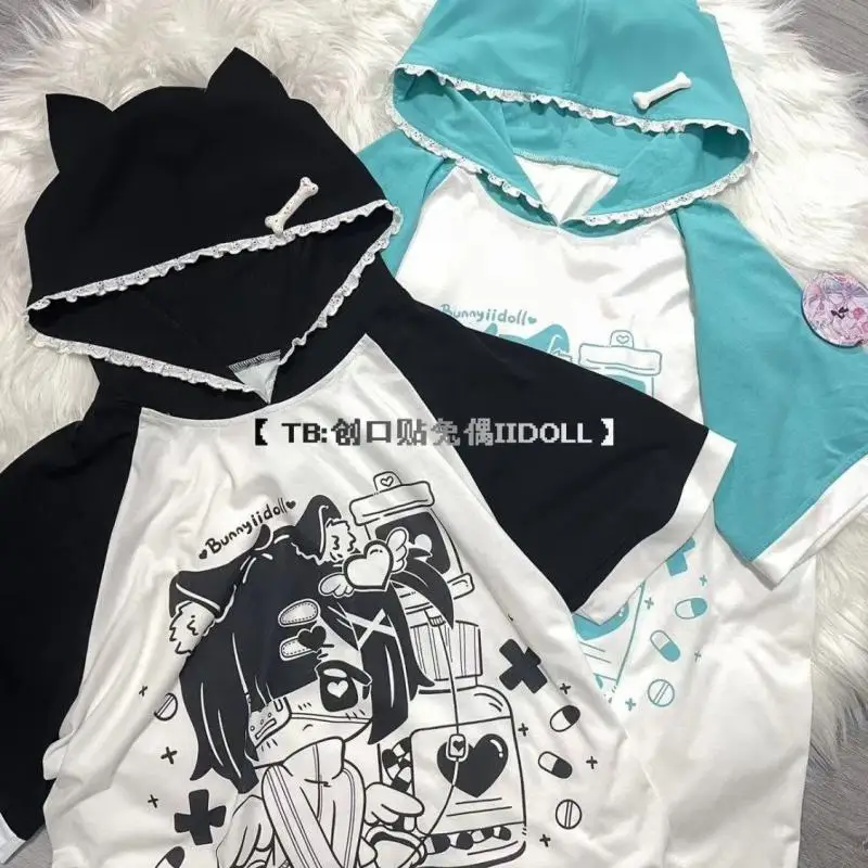 

Kawaii Hatsune Miku футболка с коротким рукавом с капюшоном свободная Удобная мультяшная Повседневная универсальная девочка подарок на день рождения для девушки