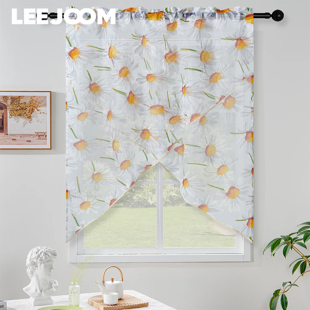 LEEJOOM 2PCS Curtain Head Curtain Valance Floral Daisy Flower Printed Tulle Sheer Curtain Window Decor 1PC