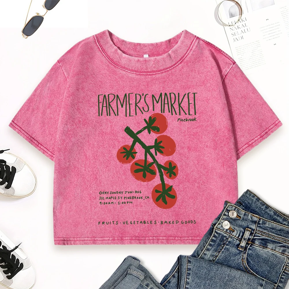 

Farmer'S Market Tomatoes Prints Women Washed T Shirts All-Match O-Neck T-Shirt Casual Slim Y2K Tops Cotton Short Sleeve