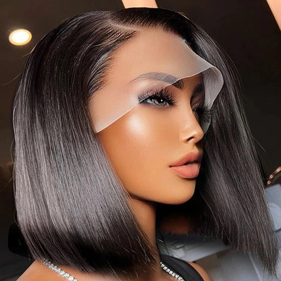 13x4 Short Bob Wig Lace Front Human Hair Wigs Pre Plucked India Bone Straight Transparent Lace Frontal Wig 150%  On Cheaper Sale