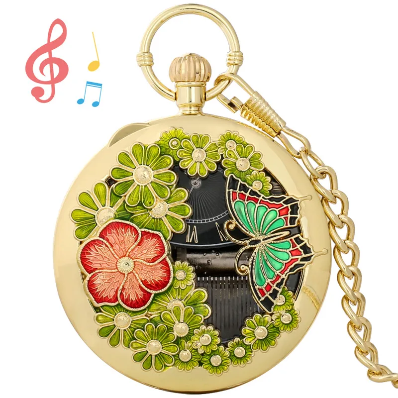 

Creative Hollow Out Flower Butterfly Case Musical Quartz Pocket Watch with Castle in the Sky Song Pendant Chain Timepiece Gift