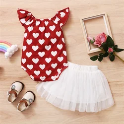 Baby Girl 2PCS Clothes Set Heart-Shaped Print Flutter Sleeve Romper+Gauzy Skirt Cute Summer Outfits for Toddler Girl 3-24 Months