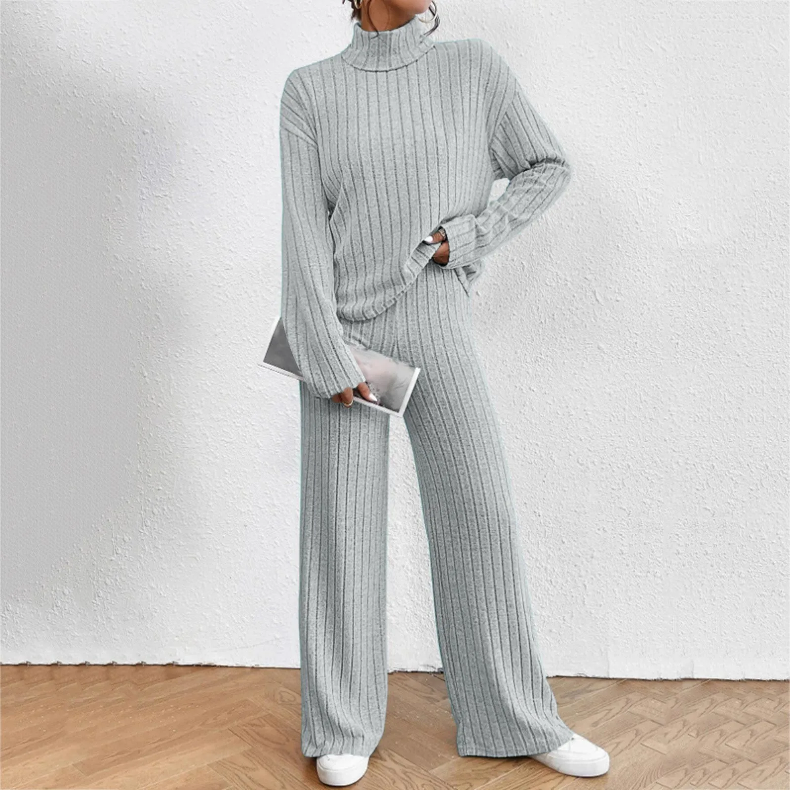 Women\'S Two Piece Knit Matching Outfits Winter Warm Ribbed Turtleneck Sweaters And Wide Leg Pants Tracksuit Sets Pant Suit Pull