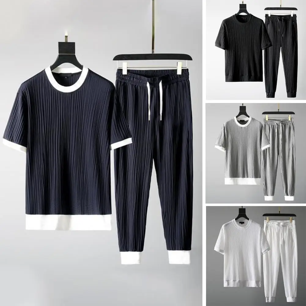 1 Set Beach Outfit  Crew Neck   Men Outfit Washable Round Neck Male Top Pants