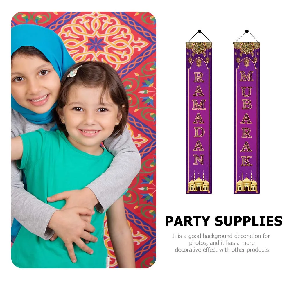 

1Pair Eid Couplet Ramadan Mubarak Door Decor Hanging Flag for Outdoor Porch Festival Party Supplies Polyester Lightweight Long
