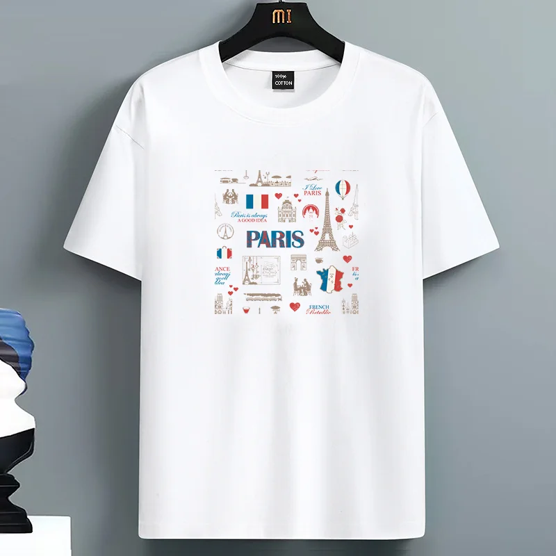

Summer For Men's 100% Cotton Casual Loose Fit Large Paris Print Round Neck Short Sleeved T-shirt Top High Street Unisex Style