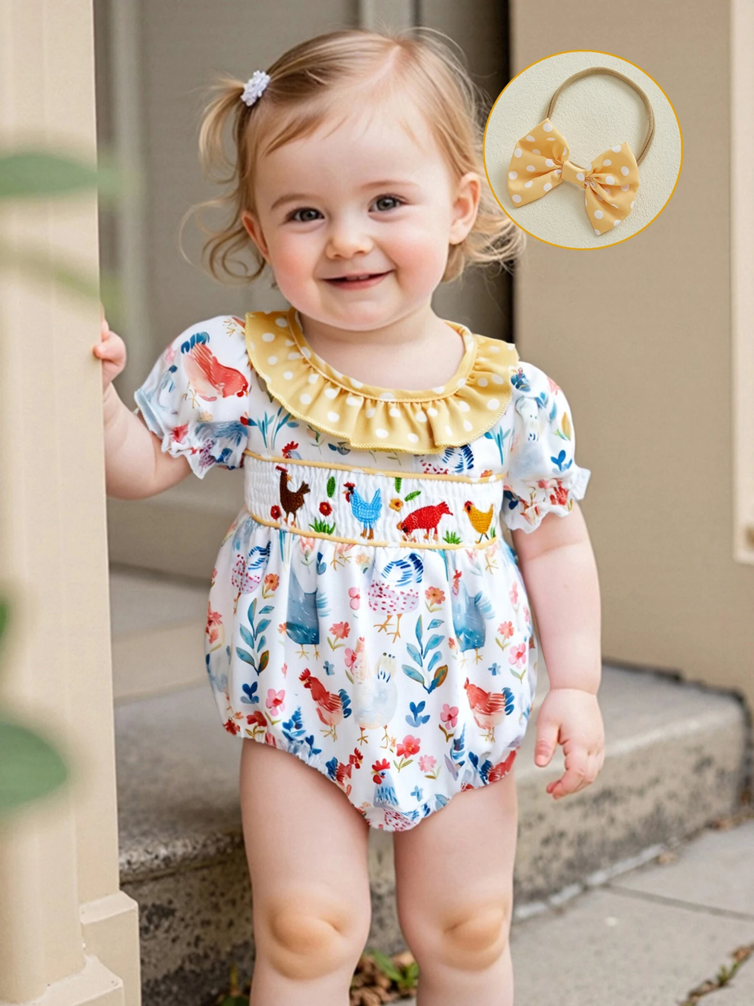 

Infant Baby Girls Romper Casual Short Sleeve Flower Chick Print Jumpsuit with Headband Newborn Clothes