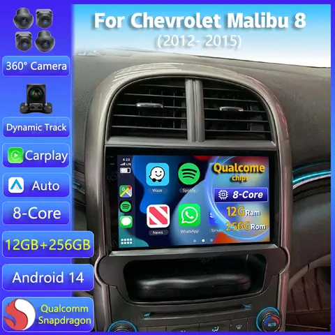 Chevrolet Malibu 8 2012 2013 - 2015 용 Android 14 차량용 라디오 Carplay Auto GPS 360 카메라 비디오 무선 네비게이션 스테레오 플레이어