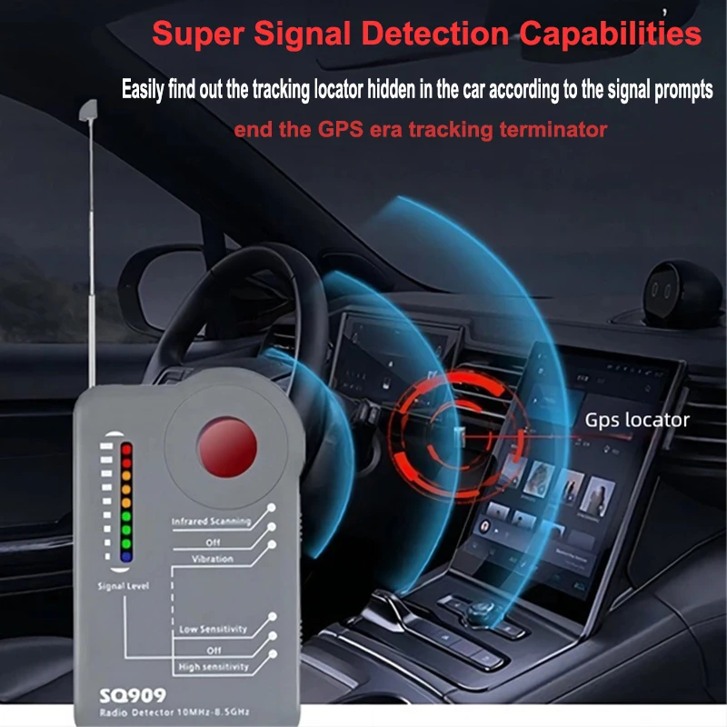 SQ909 RF Spy Detector 10Mhz-8.5Ghz Find Hidden Cameras/GPS Bugs Anti-Candid Anti-Eavesdropping Portable for Hotel/Office Privacy