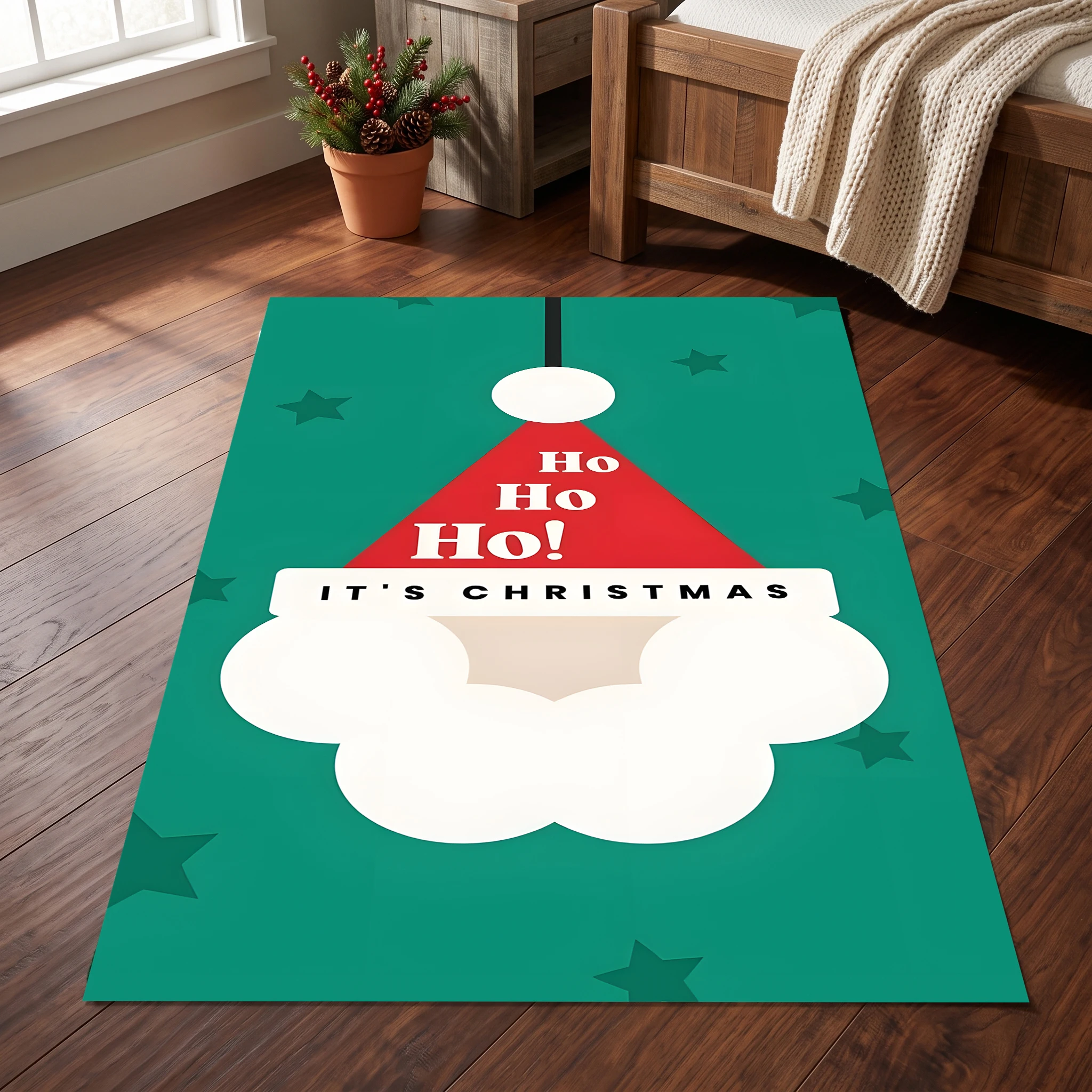 Velvet Rug Cartoon Santa Hat Star Base Ho Ho Ho Slogan for Entryway Bedroom Living Room Home Decoration