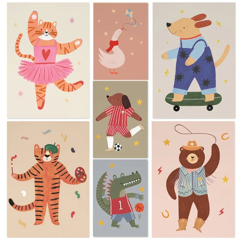 Creative Cute Animal Cat Duck Flying Kite Football Footie Puppy Blue Print Whimsical Nursery Kids Bedroom Decor Canvas Wall Art