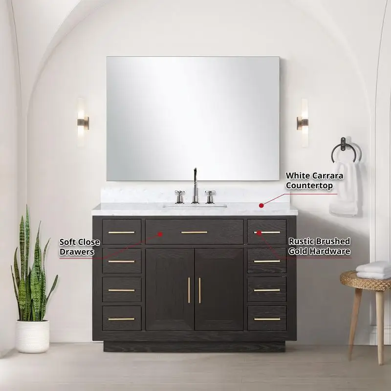 حمام فردي من خشب البلوط البني مقاس 48 بوصة مع سطح كارارا من الرخام ومجموعة صنبور ومرآة مقاس 46 بوصة