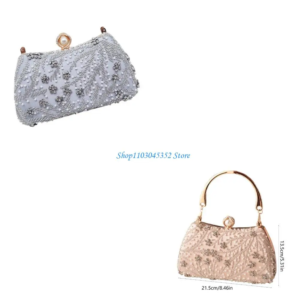 

Women Top Handle Handbags Shoulder Bag Pearls Evening Clutches Purse with Chain Crossbody Bags for Evening Wedding Prom