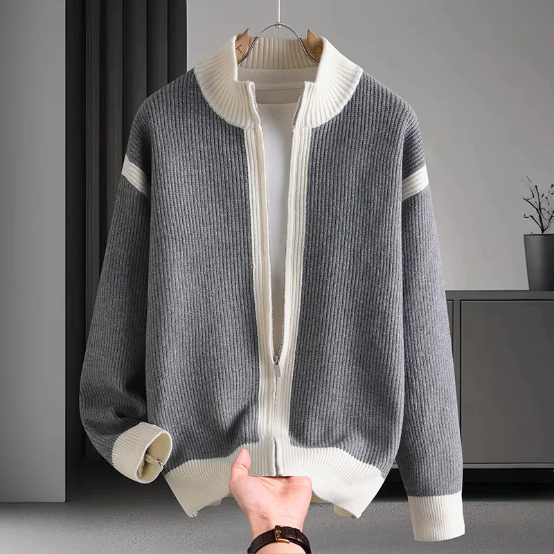

Новый мужской вязаный кардиган на молнии, повседневный, осенне-зимний, модный, средней толщины, теплый, с круглым вырезом, в полоску