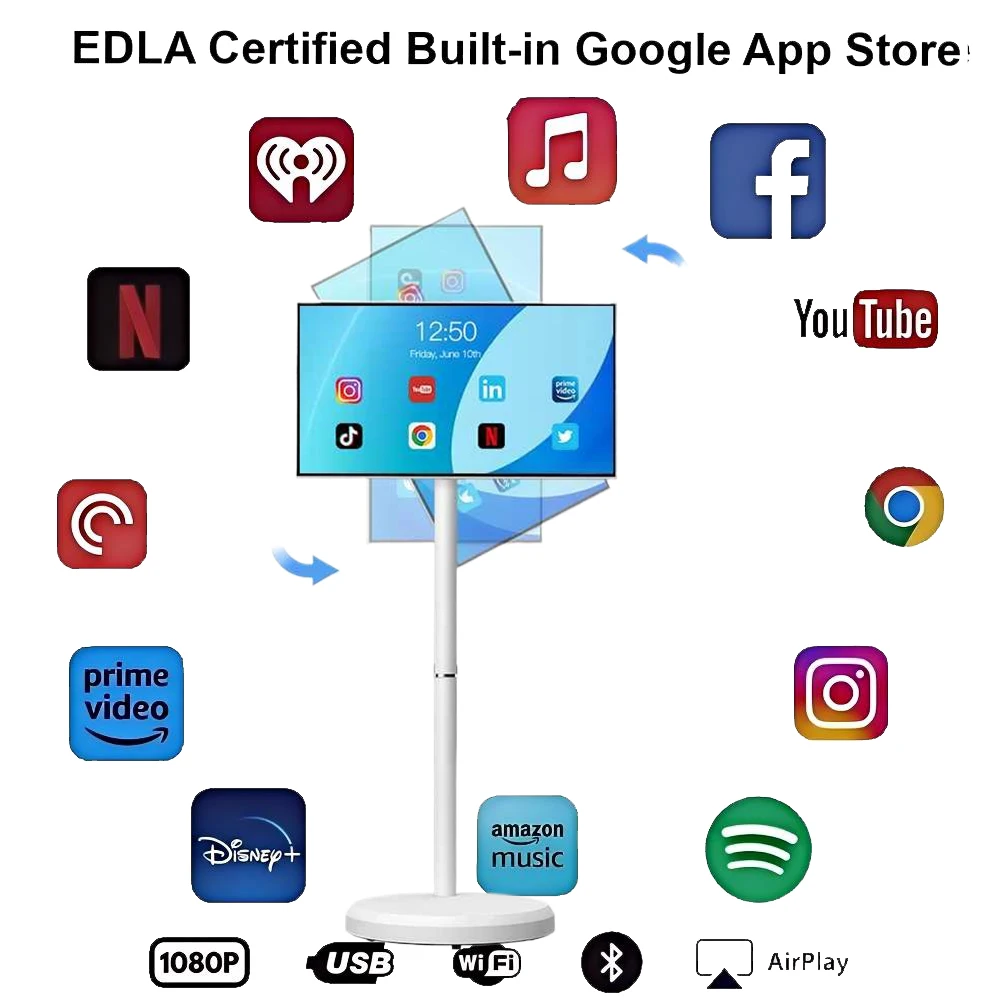 شاشة شاشة ذكية محمولة مقاس 21.5 بوصة، شاشة عرض لافتات رقمية، شاشة لمس متحركة، شاشة أندرويد 13، تلفزيون ذكي، تابلت قابل للدوران