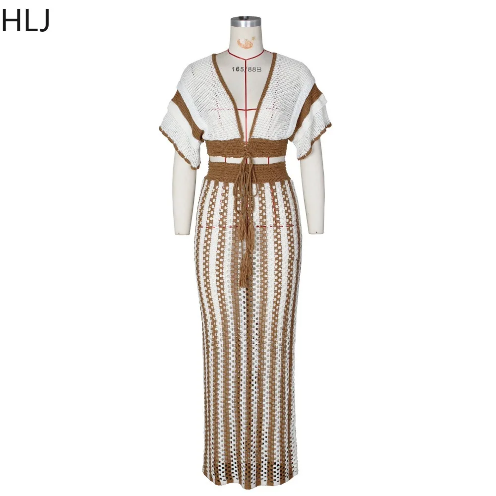 HLJ Fashion Striped Knitting Streetwear Women V Neck Short Sleeve Bandage Crop Top And Skinny Skirts Hollow Out Two Piece Sets