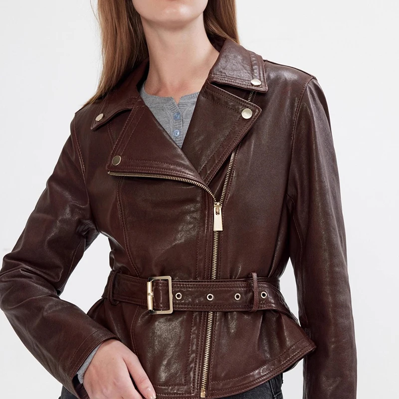 Veste en cuir véritable pour femme automne plante tannée peau de mouton noir/Cacao Moto Biker fermeture éclair mode sens ceinture mince Chaquetas