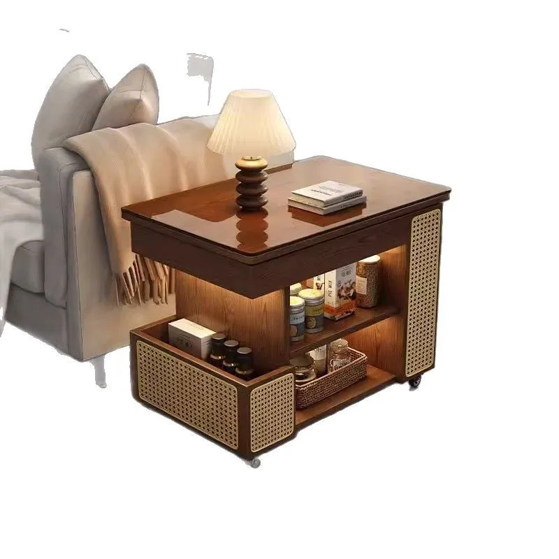 

Multifunctional solid wood mobile liftable coffee table household sofa trolley small apartment living room simple