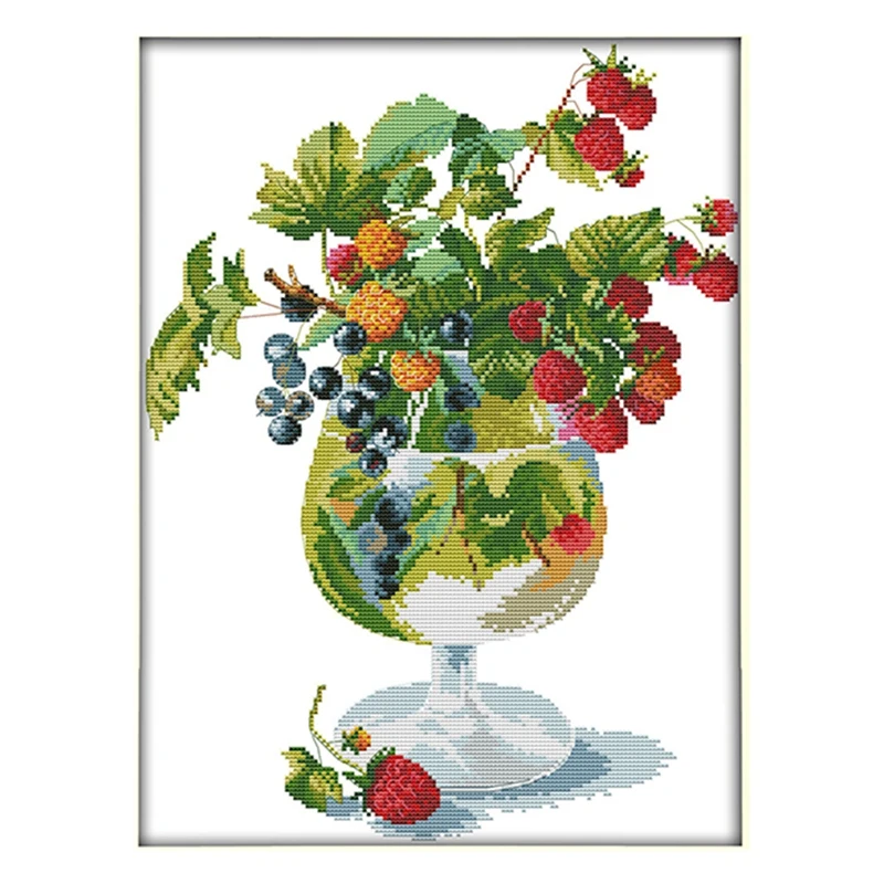 BEAU-Cross Stitch Stamped Kits 14CT Printed Embroidery Cloth Needlepoint Kits Easy Patterns For Strawberry And Wine Glass