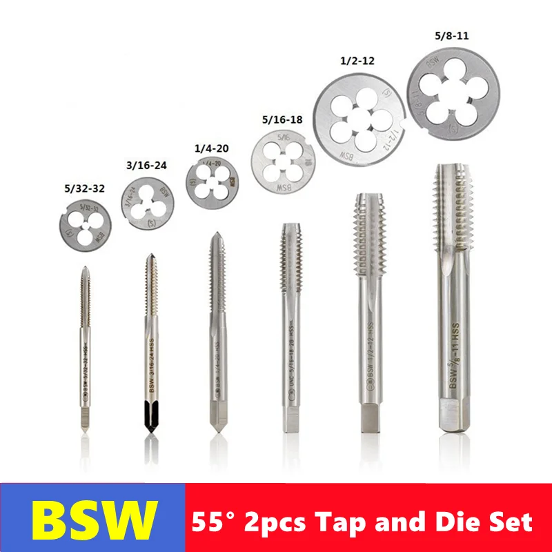 2pcs BSW right hand tap die set BSW5/32-32 3/16-24 5-16-18 1/4-20 1/2-12 5/8-11, for internal and external thread tapping tools